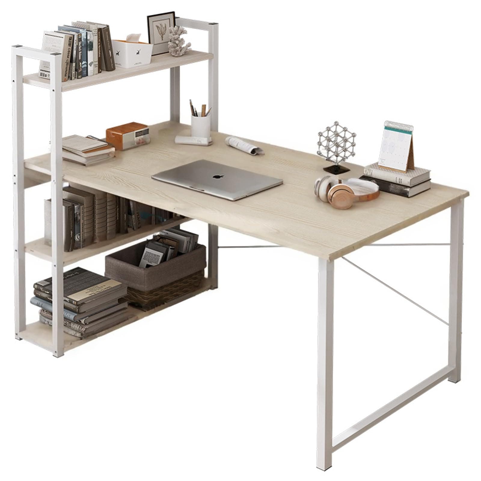 SKY-TOUCH Modern Computer Desk with Bookshelf, 4 Tier Study Table, Office Corner Desk with Shelves, Home Office Desk, Easy Assemble, 120x48cm