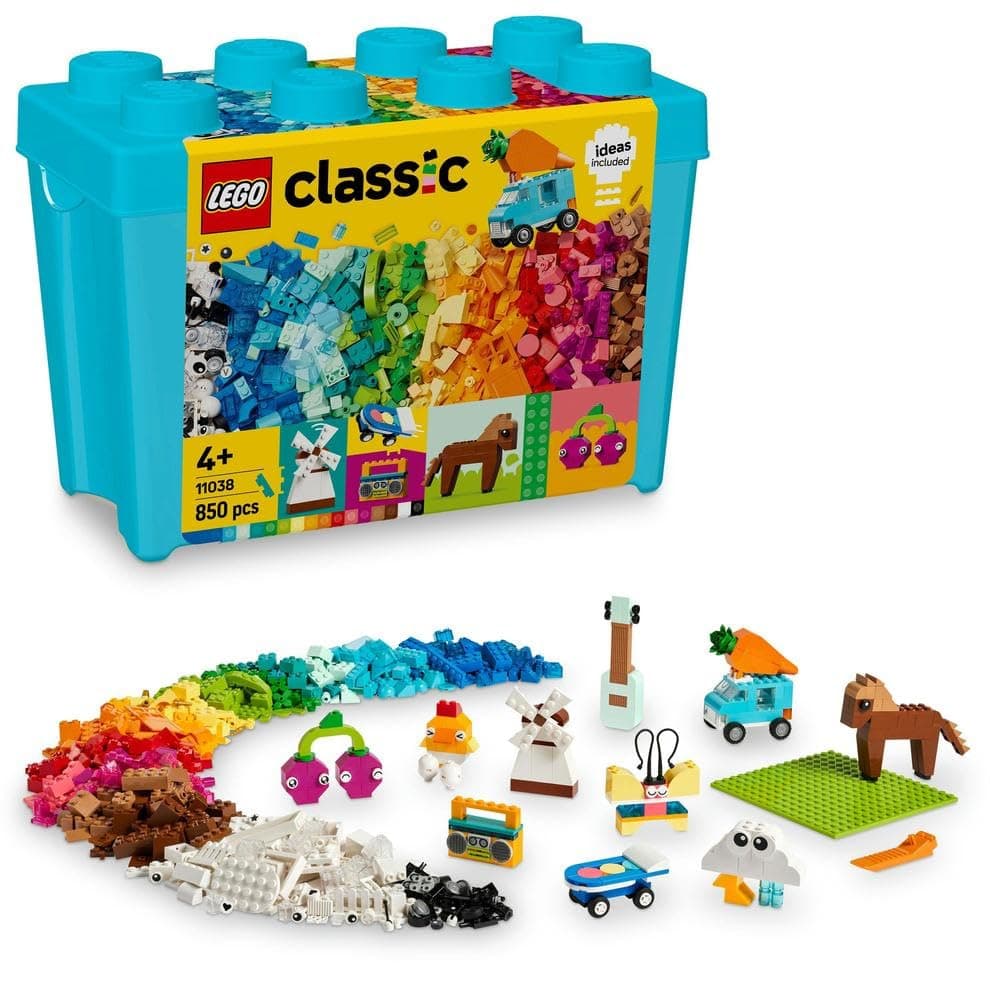 LEGO Classic Vibrant Creative Brick Box Set, Ramadan Gift for 4 Plus Year Old Kids, Boys & Girls, with Horse, Skateboard, Butterfly, Guitar, Plane, Unicorn, House & Car, Toy Storage, 11038