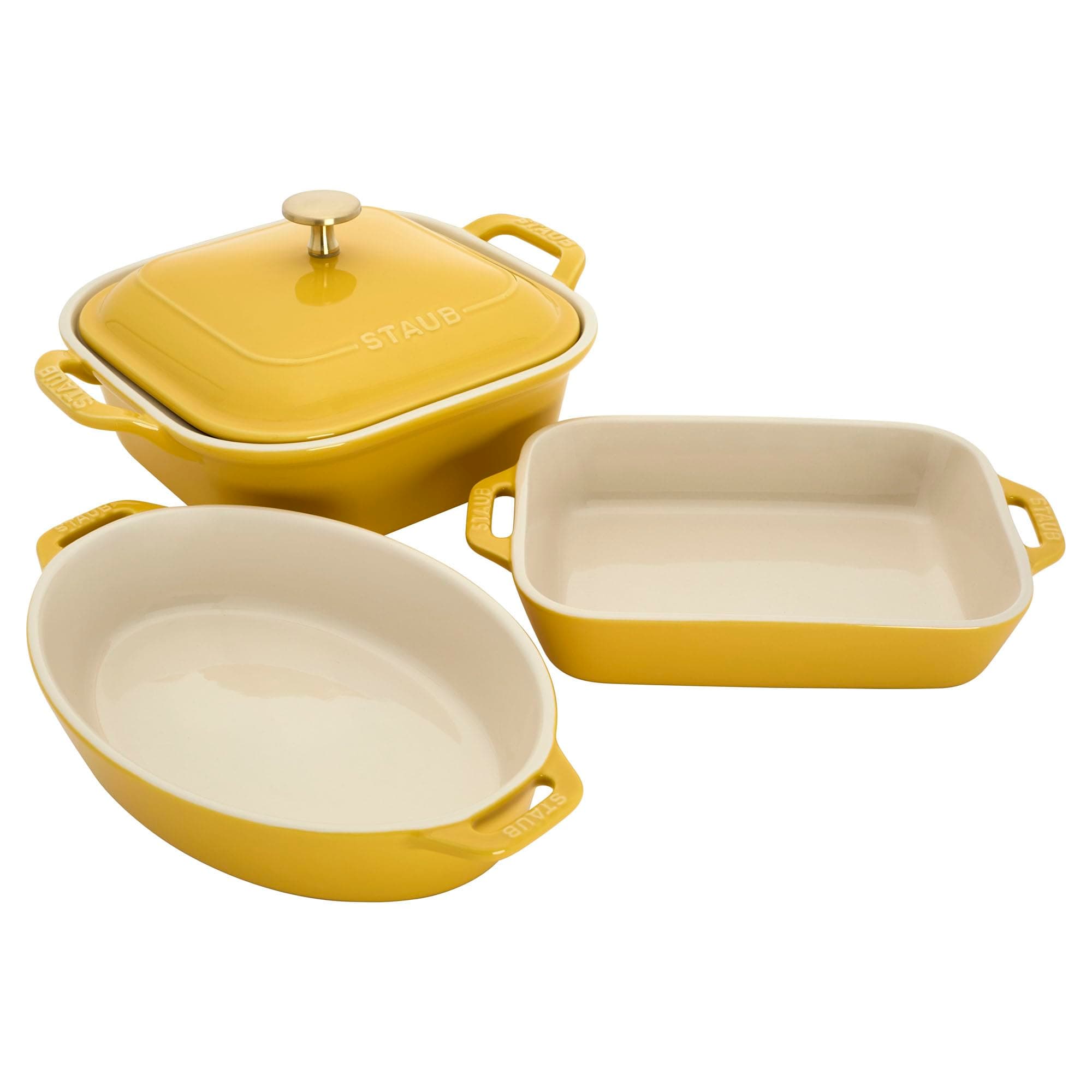 Ceramic 4-pc Baking Pans Set, Casserole Dish with Lid, Brownie Pan, Citron