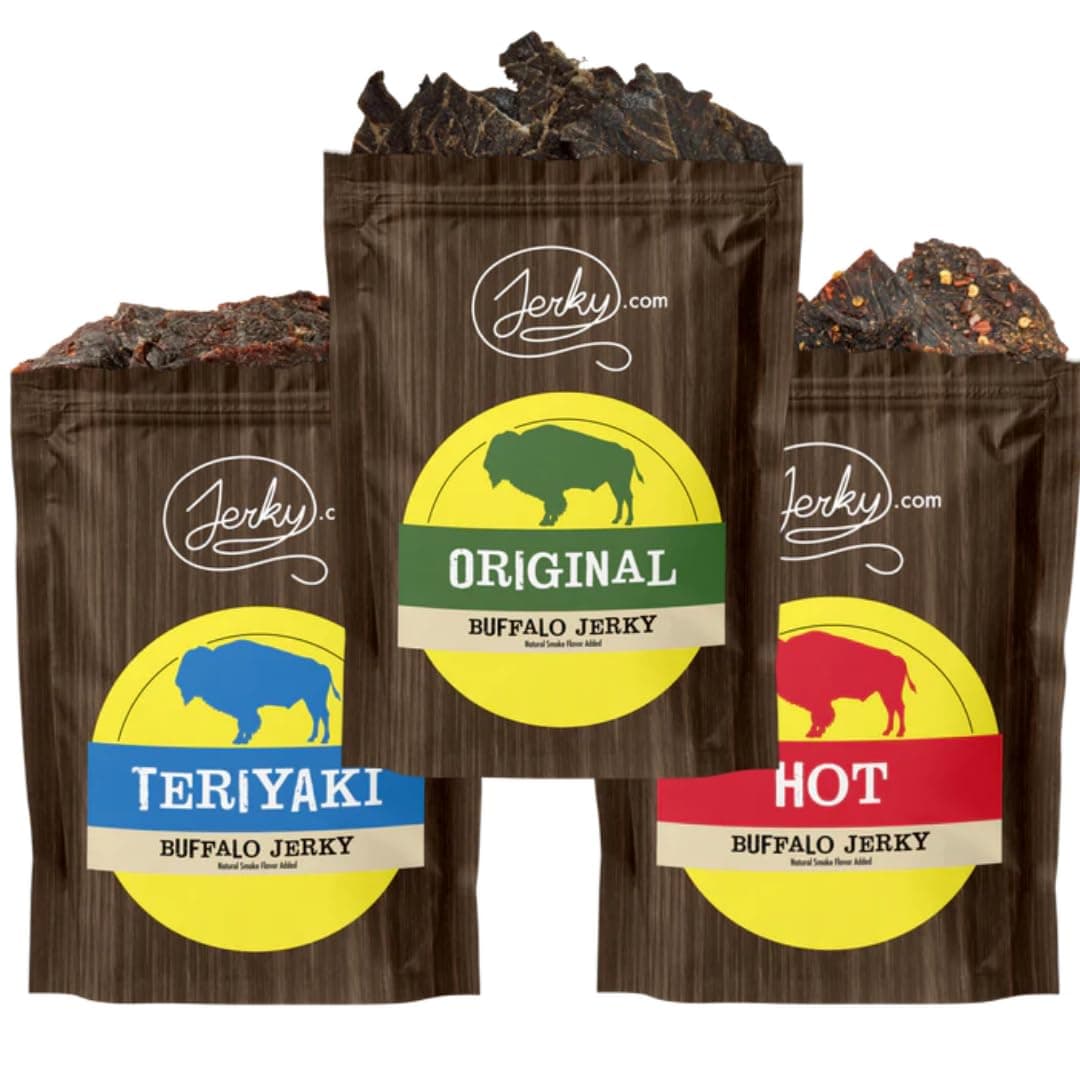 Jerky.com Exotic Buffalo Jerky Sampler - Wild Game Meat Snacks, Exotic Snacks, High-Protein, All-Natural, No Added Preservatives - Healthy Snacks for Adults - 1.75 oz. (Pack of 3)
