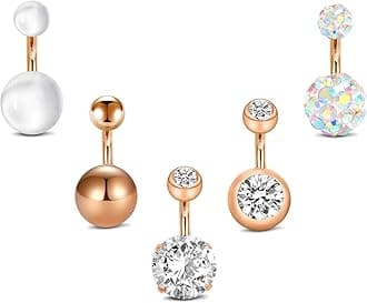 Belly Rings - Short Bar Belly Button Rings in Surgical Steel with Opal Stones - 6mm & 10mm