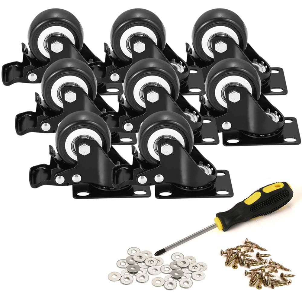 2" Caster Wheels, Heavy Duty Casters with Brake Set of 8, Locking Casters with 360 Degree No Noise Polyurethane (PU) Wheels, Swivel Plate Castors Pack of 8