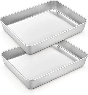 TeamFar Small Lasagna Pan Set of 2, 10.5’’ x 8’’ x 2’’ Stainless Steel Rectangular Brownie Cake Pan For Baking Roasting, Healthy & Sturdy, Brushed Surface & Dishwasher Safe, Deep Side