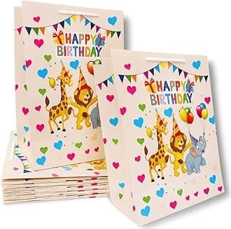 IncyWincy 5Pc Happy Birthday Jungle Animal Theme Glossy Gift Bags for Kids – Party Favor Goodie Bags, Reusable Paper Return Gift Bags (10in x 8in x 4in) - Pack of 5
