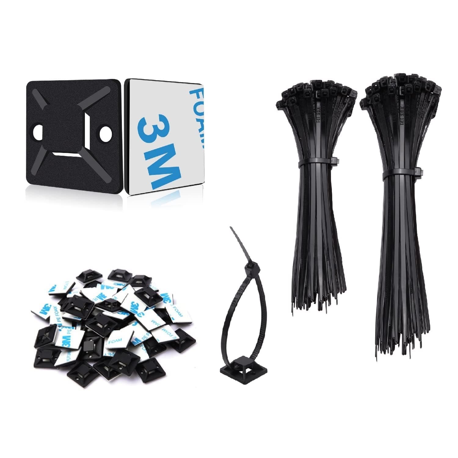 200Pcs Black Cable Ties Set, 100Pcs Nylon Plastic Zip Ties 120mm/150mm and 100Pcs Strong Self Adhesive Wire Clips Mount Base, Desk Cable Management Organiser Kit for Bedroom Office