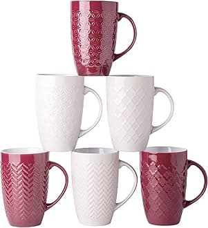 AmorArc Large Coffee Mugs Set of 6, 20oz Ceramic Tall Coffee Mugs Set with Textured Geometric Patterns for Coffee/Tea/Beer/Hot Cocoa, Dishwasher & Microwave Safe, Beige&Burgundy