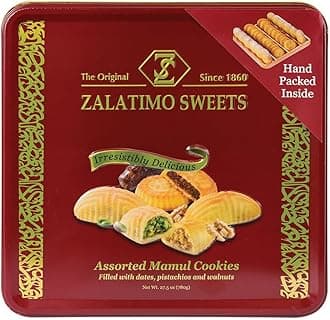Zalatimo Sweets Since 1860, 100% All Natural Assorted Mamoul Shortbread Cookies, Square Metal Gift Tin, Slightly Sweet Cookies, Pistachio, Walnuts, Dates, No Preservatives, No Additives, 1.7Lbs