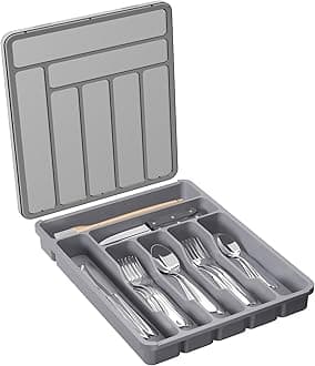 Lifewit Silverware Organizer with Lid, Covered Utensil Tray for Kitchen Drawer and Countertop, Plastic Cutlery and Flatware Storage Box for Spoons Forks Knives Holder Case, 29 x 37cm, Gray