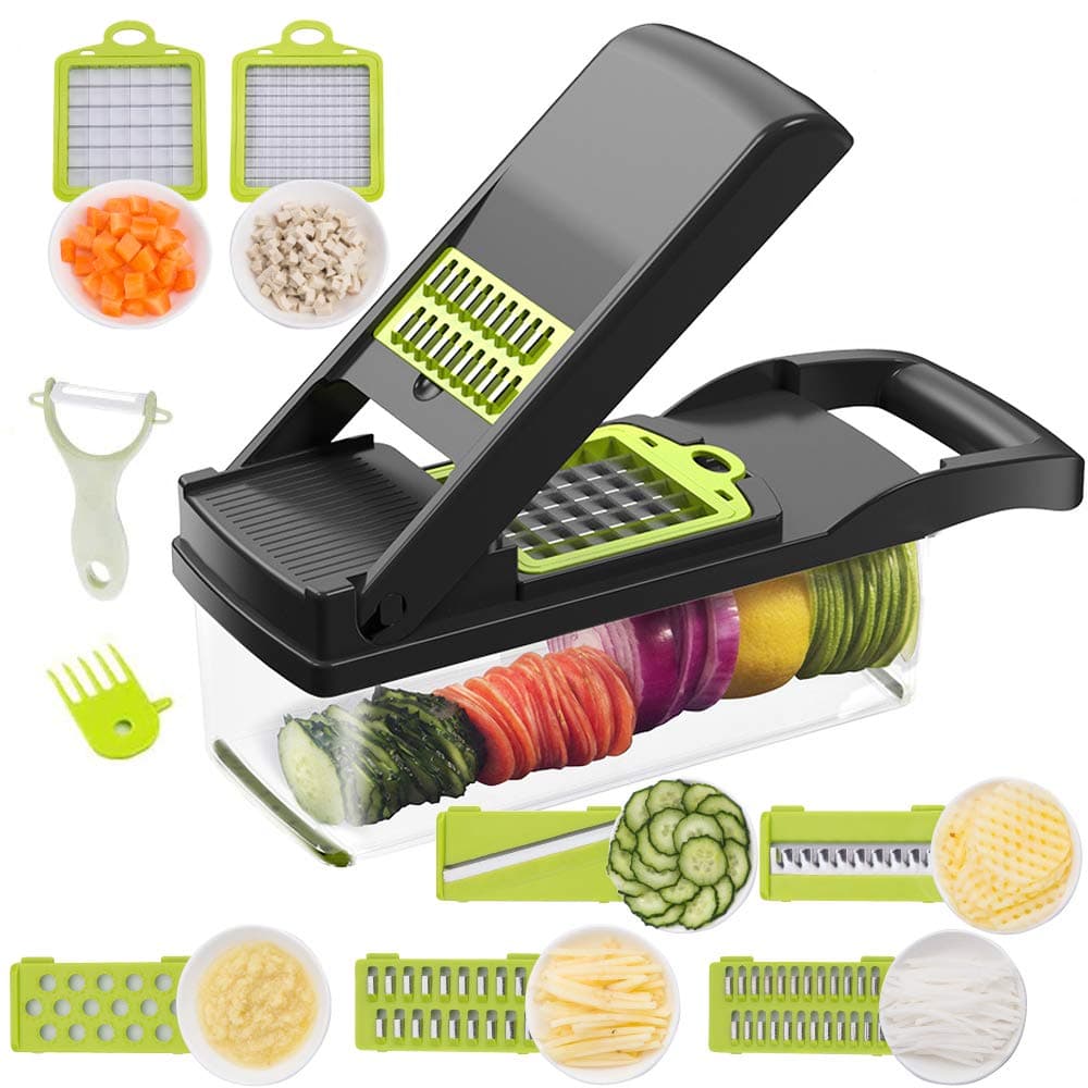 E-PLUS Sulfar Vegetable Chopper Mandoline Slicer Cutter Chopper and Grater 11 in 1 Interchangeable Blades with Colander Basket and Container