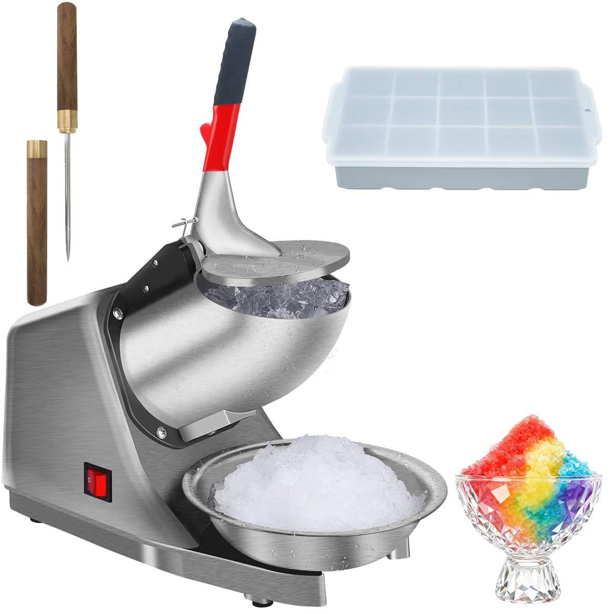 Reespring Snow Cone Machine Shaved Ice Machine Ice Crusher with Stainless Steel Blade Kitchen Electric for Shaved Ice and Snow Cone (300W 2000r/min) Also Comes with a Free Ice Pick and Ice Cube Tray
