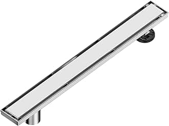 48-Inch Offset Linear Shower Drain with Tile Insert Grate Cover, Brushed 304 Stainless Steel Rectangle Side Outlet Shower Floor Drain, Adjustable Leveling Foot, Hair Strainer/Catcher