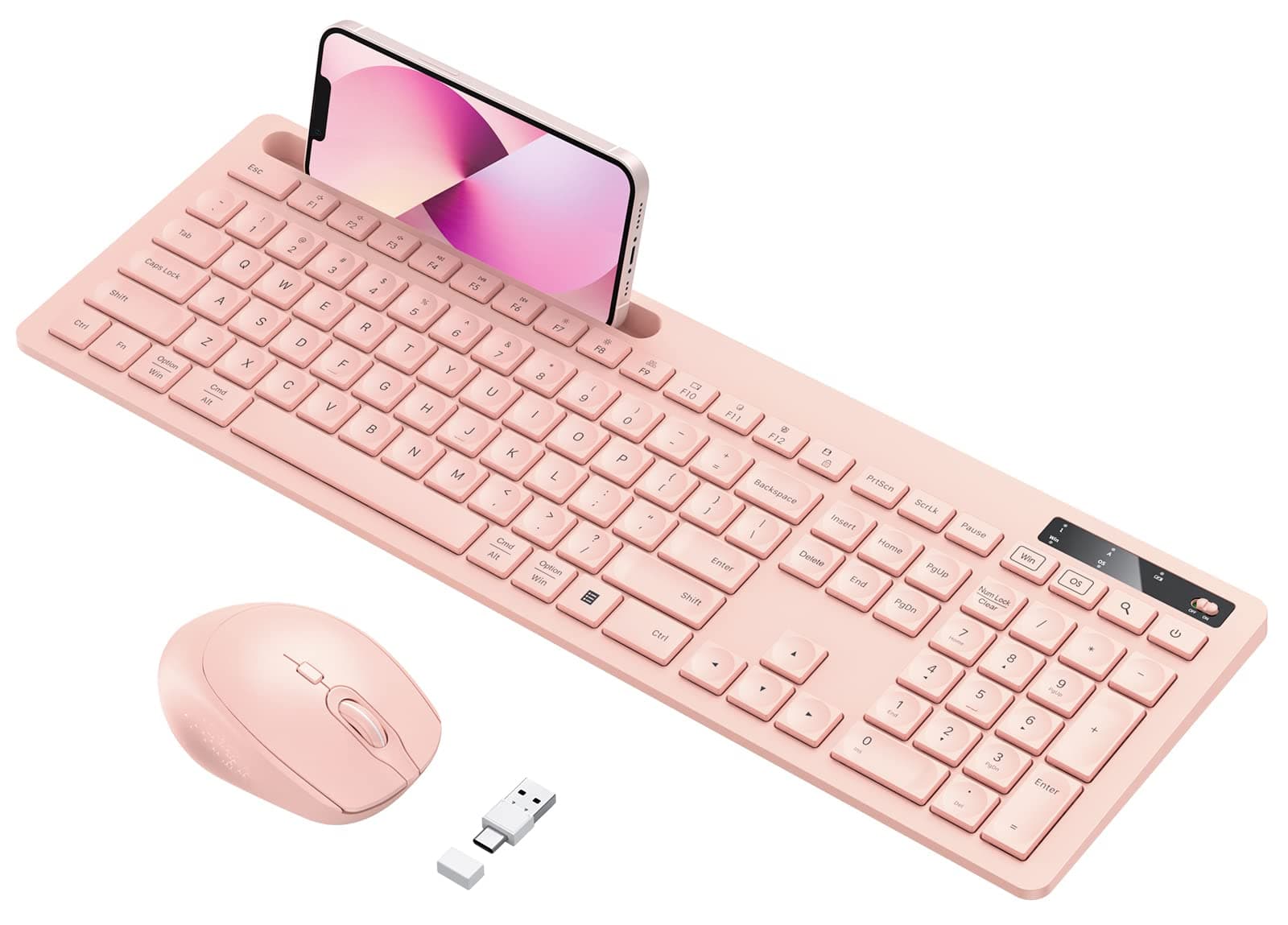 Wireless Keyboard and Mouse for MacBook, Vivefox Pink Rose Wireless Keyboard with Phone Holder, USB A & Type C Receiver, Full-Size Combo for Mac, MacBook/Air/Pro Windows PC Computer