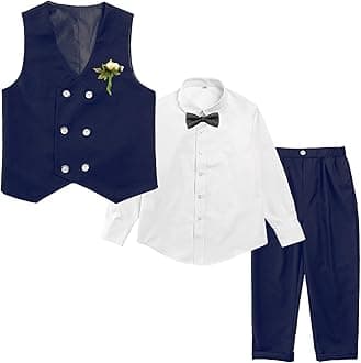 LOLANTA Boys' 4-Piece Formal Suit, Wedding Ring Bearer Outfit Vest Pants with Dress Shirt Bow Tie for Graduation 2-13 Years