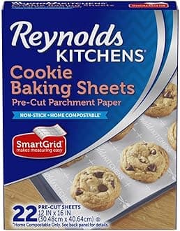 Reynolds Kitchens Cookie Baking Sheets, Pre-Cut Baking Parchment Paper Sheets for Cookies, Oven-Safe up to 425 Degrees, Reusable Up to 3X, No-Mess Cleanup, 12 in x 16 in, 22 Count