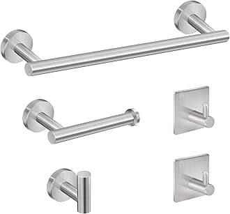5-Pieces Bathroom Hardware Set Brushed Nickel SUS304 Stainless Steel Round Wall Mounted - Includes 24" Hand Towel Bar, Toilet Paper Holder, 3 Robe Towel Hooks, Bathroom Accessories Kit
