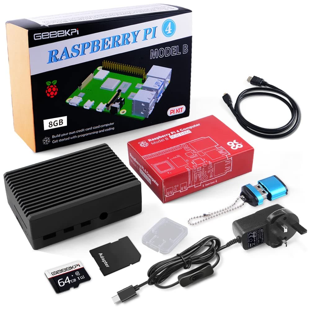 GeeekPi Raspberry Pi 4 Model B 8GB RAM + 64GB Micro SD card, Ultimate Kit with Raspberry Pi 4 Case, Raspberry Pi power supply with ON / Off switch, HDMI cable for Raspberry Pi 4B