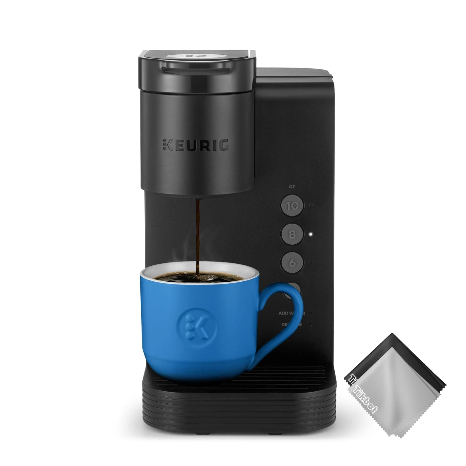 K-Express Essentials Single Serve K-Cup Pod Coffee Maker, 36 OZ DETACHABLE WATER TANK, 3 Cup Sizes 6, 8, & 10oz, Matte Black, w/Cleaning Cloth