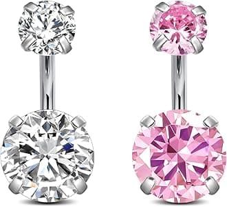 Incaton14G Belly Button Ring Surgical Stainless Steel Round Cubic Zirconia Navel Barbell Belly Rings For Women 6/8/10/12mm