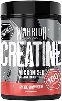 WarriorCreatine Monohydrate Powder – Micronised for Easy Mixing and Consumption – Proven to Improve Physical Performance/Recovery, 5g Servings (Savage Strawberry, 500g)