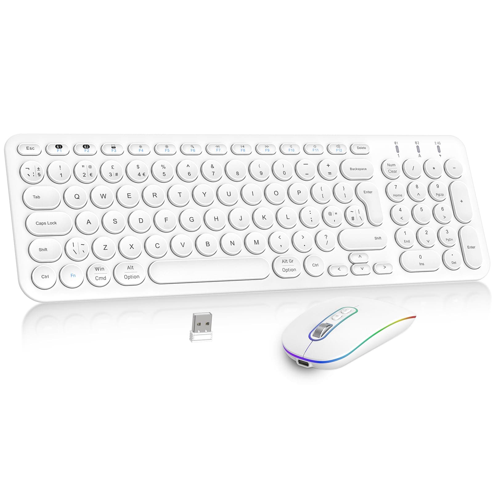 Rechargeable Bluetooth & Wireless Keyboard Mouse, PINKCAT Ultra Thin USB Keyboard Quiet Mouse Set, Ergonomic QWERTY UK Layout Computer Keyboard for Windows PC Laptop Desktop - White