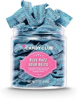 Gourmet Gummy Blue Razz Sour Belts, Vegan, Sweet and Chewy Fruit Strips for Gifts, Parties, Snacks, Candy Buffets, etc. - 5oz Jar