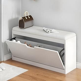 LITFAD Modern Shoe Storage Bench with Doors Entryway Shoe Bench with Cushion Seat Hallway Bench with Shoe Storage Cabinet Free Standing Hidden Shoes Organizer - 31" L x 7" W x 18" H Black