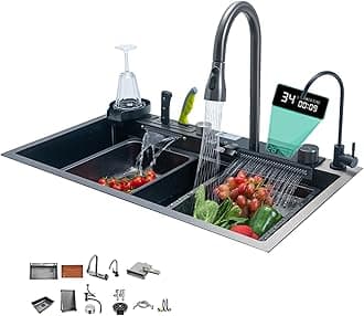 Dual Waterfall Kitchen Sink With Smart Features - Digital Farmhouse Sink With Knife Holder, Cup Washer, Pull-Down Faucet - 304 Stainless Steel, Nano (29.5x18x8.7in)