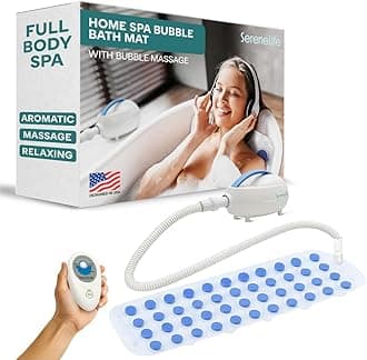 SereneLife Portable Spa Bubble Bath Massager - Relaxing Spa Non-Slip Mat with Suction Cup Bottom, Motorized Air Pump, Adjustable Bubble Settings and Remote Control, 47” x 14.2”
