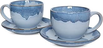 Bosmarlin Ceramic Cappuccino Cup and Saucer Set of 2, 10 Oz, Coffee Cups for Latte, Espresso, Tea, Dishwasher and Microwave Safe, Reavtive Glaze (Blue)