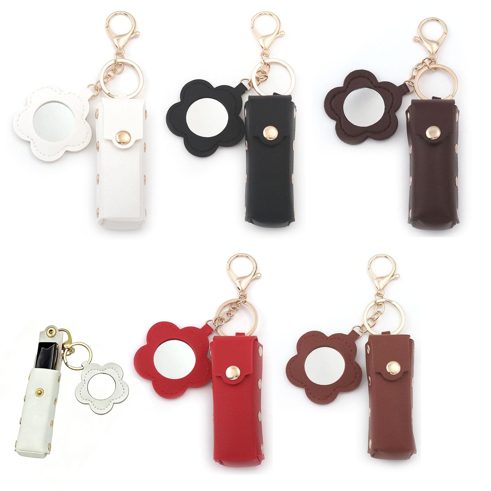 4 Pcs PU Leather Chapstick Holder Keychain with Mirror