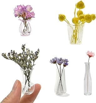 iLAND Miniature Dollhouse Accessories for Dollhouse Furniture, Glass Vases w/Dried Flowers Set (Pretty 5pcs)