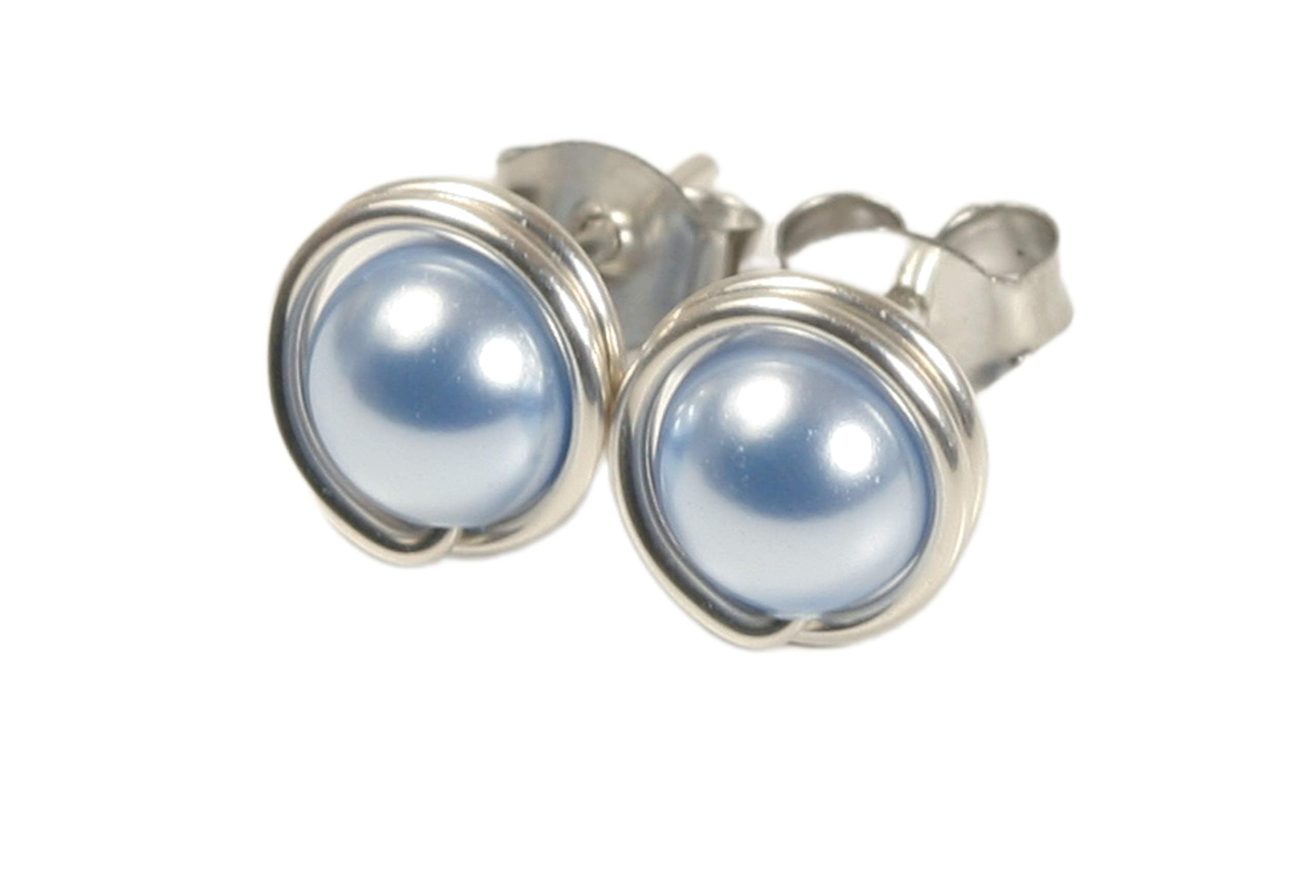 Sterling Silver Light Blue Pearl Stud Earrings Wire Wrapped Handmade