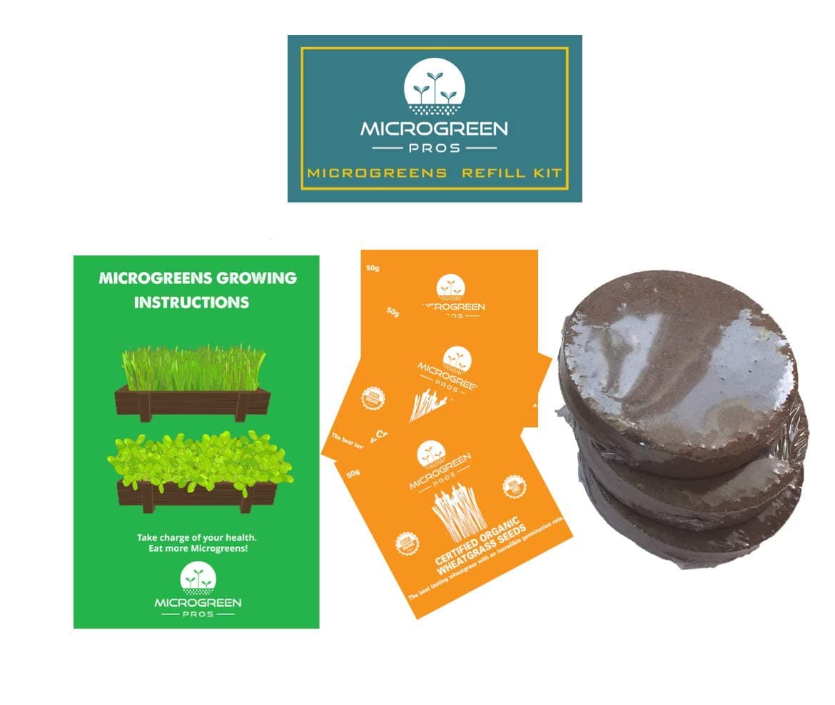 Organic Wheatgrass 3 Pack Refill Pre-Measured Soil & Seed. Use with MICROGREENPROS Beautiful Wooden Microgreen Trays Measuring 16 inch x 8 inch. Easy and Convenient, Enough to Sprout 3 Crops.