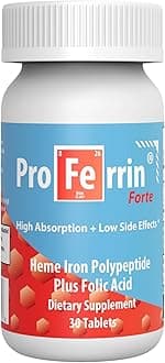 Proferrin Forte-12mg of high Absorbing Heme Iron Polypeptide. Easy on the Gut. 30 Tablets. 1mg of Folic Acid to aid in red Blood Cell Production. Not affected by Coffee, Calcium, or PPI's.