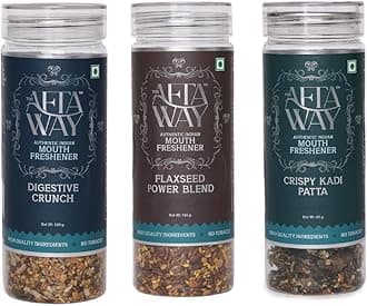 The AftaWay Digestive Delight Combo, Digestive Crunch, Crispy Kadi Patta, Flaxseed Power Blend, Ayurvedic Herbal Mouth Freshener Candy, No Artificial Preservatives, Indian Mukhwas