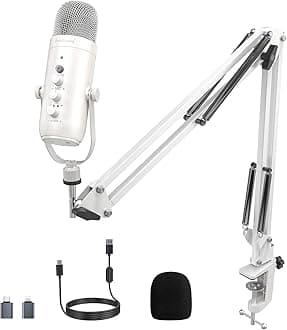ZealSound Gaming Microphone Kit,Podcast Condenser USB Mic with Boom Arm,Supercardioid Microphone with Mute Button,Echo Volume Gain Knob,Adjust Monitor for Phone PC Computer (White)