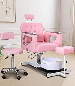 FHFO Pedicure Chair No Plumbing, 360° Swivel Hydraulic Adjustable Reclining Station with Massage Foot Bath & Footrest for Nail Tech, Spa, Salon (Pink)