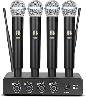 Depusheng R4 Karaoke Wireless Microphones Professional 4 Channels Handheld Wireless Microphone System Metal Dynamic Mic for Karaoke Singing, House Party, Church, Performance