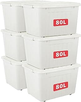 Cetomo 80L*6 Plastic Storage Box,White, Tote box,Organizing Container with Durable Lid and Secure Latching Buckles, Stackable and Nestable, 6Pack, with Buckle
