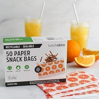 Lunchskins Recyclable & Sealable Paper Snack Bags – 50 Count | Orange Design | Eco-Friendly Grease-Resistant Glassine Food Storage Bags with Self-Adhesive Closure for Freshness