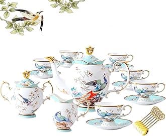Fine Bone China Tea Set with Teapot, Porcelain Tea Sets for Adults, 21-Piece Vintage Tea Set for 6, 24K Gold Blue English Floral Bone China Tea Sets for Women Tea Party for Gifts