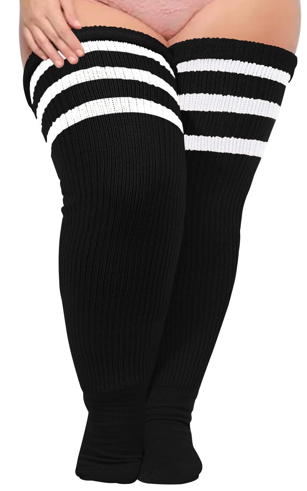 Womens Plus Size Thigh High Socks Extra Long Striped Thick Over the Knee Socks Leg Warmer Boot Stockings