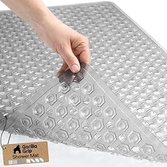 Patented Bath Tub Shower Mat, Machine Washable Bathtub Floor Liner Mats, Suction Cups and Drain Holes to Keep Tubs Clean, Soft on Feet, Bathroom Essentials, 35x16 Inch, Clear Gray