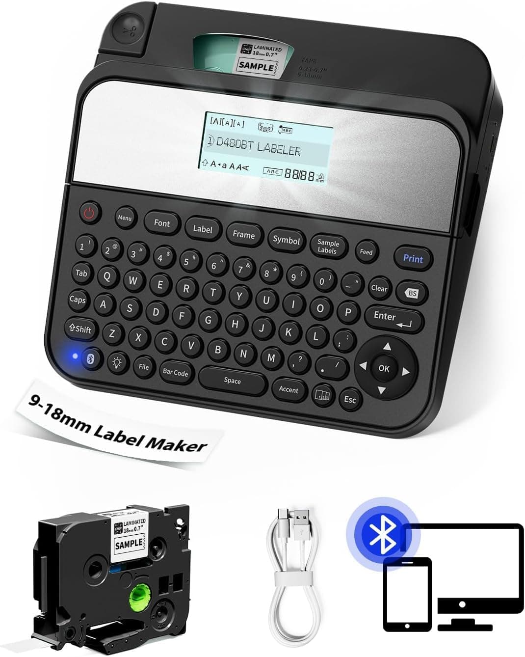 18mm Label Maker Machine with-Tape 3/4 Inch, Large Print Label Maker Rechargeable, Print 9mm 12mm 18mm Labels-Waterproof, Bluetooth Labeler Support Keyboard & App, for Home Office Warehouse