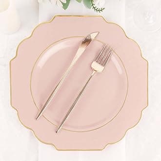 Efavormart 10 Pack | 11" Blush/Rose Gold Hard Plastic Dinner Plates, Disposable Tableware, Baroque Heavy Duty Plates with Gold Rim