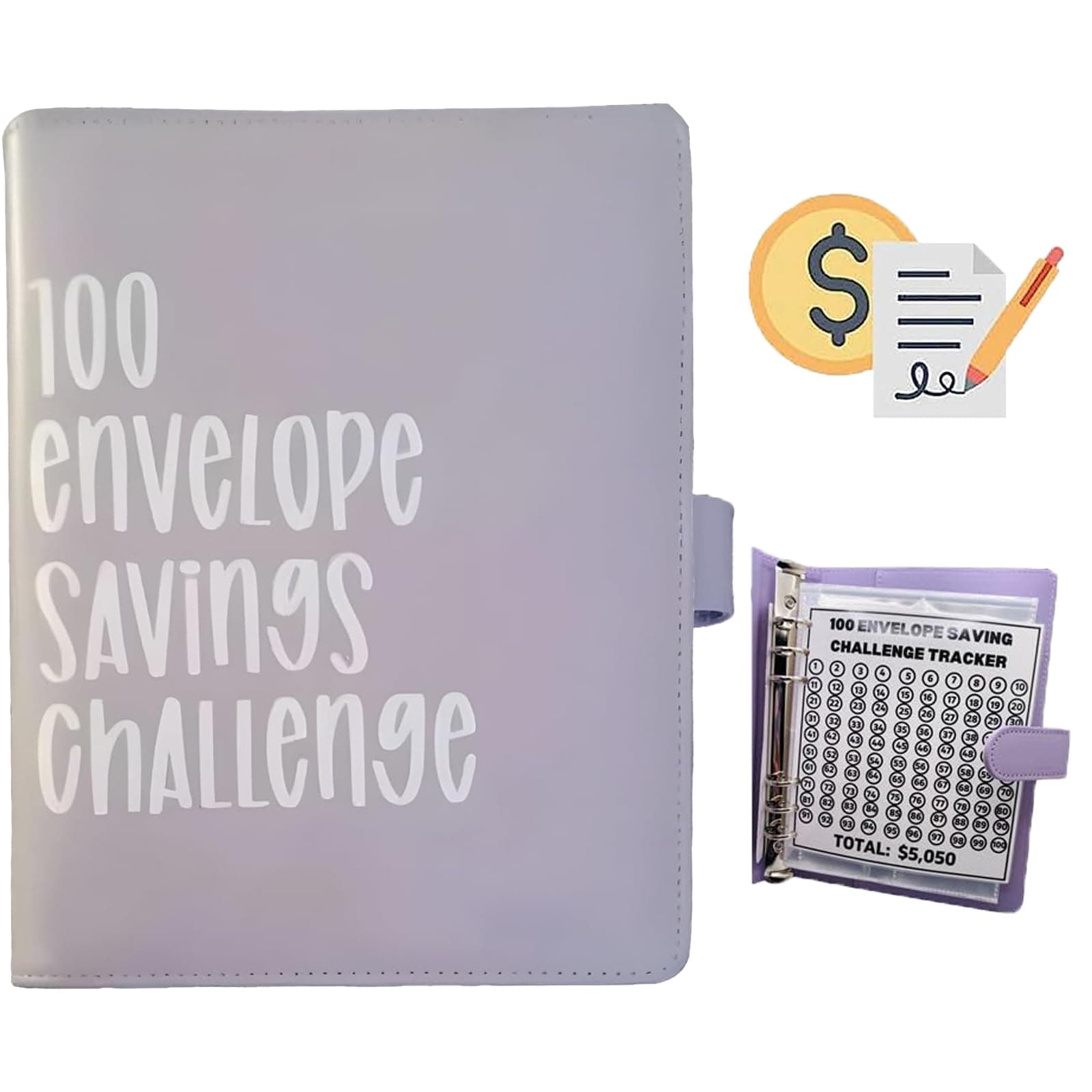 100 Envelope Challenge Binder, Savings Challenges Sheets，Easy and Fun Way to Save $5,050, Budget Binder with Cash Envelopes, Savings Challenges Binder, Budget Planner Book for Budgeting (Lilac)