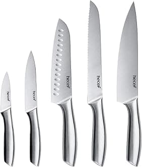Silver Kitchen knife set of 5, Satin Finish Blade with Hollow Handle, includes 8" Chef, 8" Bread, 8" Santoku, 5" Utility and 3.5" paring knife