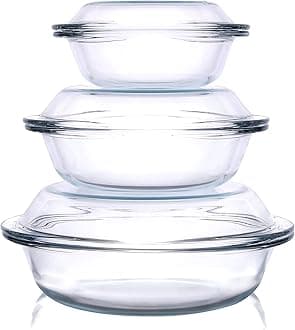 Set of 3 round Glass Casserole Baking Dishes. Nesting glass baking pan with Lid, Heat, Cold and Shock Proof, Oven, Freezer and Dishwasher Safe. (Set of 3-0.5L+1L+1.8L)