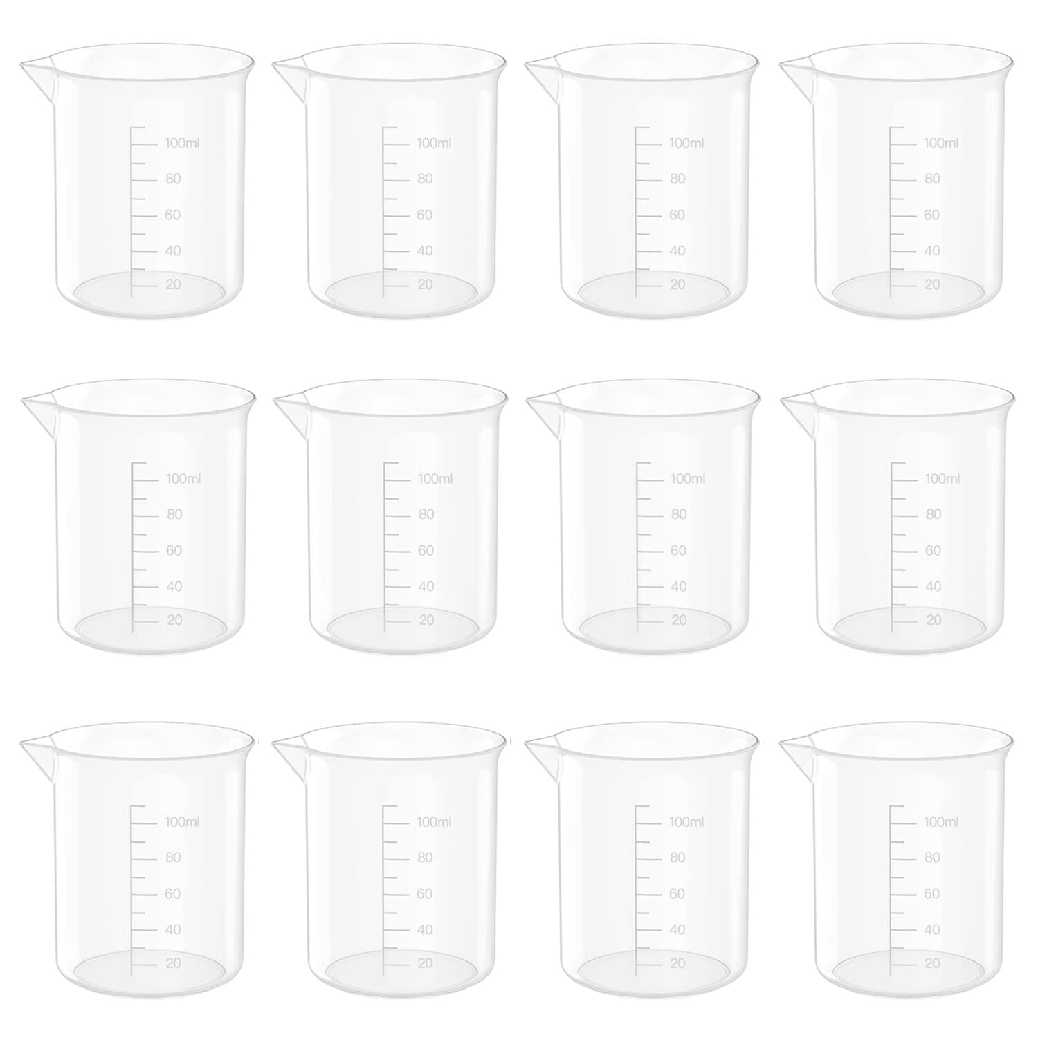 12 Pcs 3.4 Oz Transparent Lab Measuring Cup, 100ml Plastic Beaker Cups, for Science Experiment, Liquid Measuring
