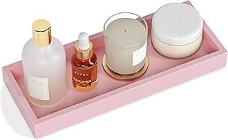 Bathroom Perfume Tray for Candle Trinket, Decor Vanity Trays for Countertop Nightstand Toilet Tank Counter Dresser Bedroom, Decorative Wooden Rectangle Holder for Skincare Cosmetic Accessory, Pink